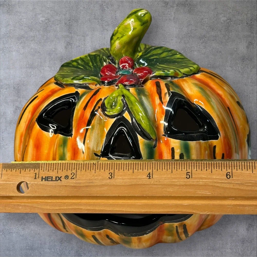 Hand Painted Ceramic Pumpkin Jack-O-Lantern H. MEX Mexican‎ Folk Art 7
